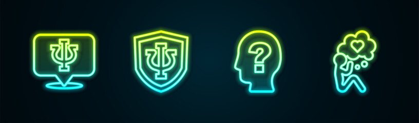 Wall Mural - Set line Psychology, Psi, , Head with question mark and heart. Glowing neon icon. Vector