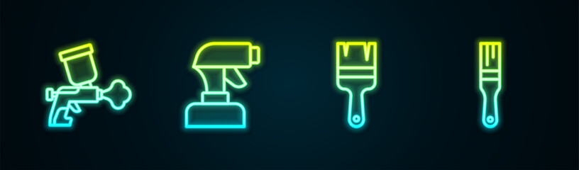 Poster - Set line Paint spray gun, brush and . Glowing neon icon. Vector