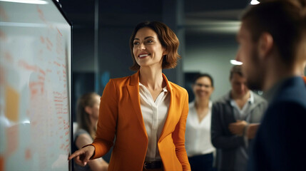 Wall Mural - business woman smiling while taking notes from white board while colleagues listen. Diverse Office Conference Room Meeting.