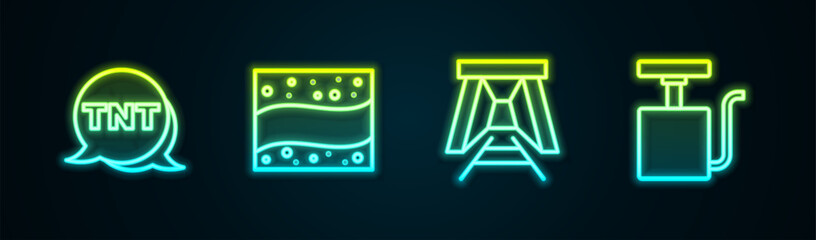 Wall Mural - Set line Dynamite, Gold mine, Mine entrance and Handle detonator. Glowing neon icon. Vector