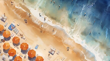 Tropical Mediterranean Landscape Banner. Bird's Eye View Of The Beach With Umbrellas And Sun Loungers. Blue Sea Wave For Background Or Banner. Watercolor Brush.