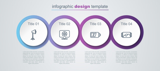 Poster - Set line Studio light bulb in softbox, Camera shutter, Battery for camera and Photo frame. Business infographic template. Vector