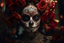 Closeup Portrait Of Calavera Catrina. Young Woman With Sugar Skull Makeup. Day Of The Dead