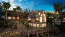 Medieval Houses In An Old Port Town By The Sea. 3D Illustration.