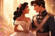 Cartoon prince and princess are dancing in fairy tale