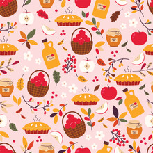 Autumn Seamless Pattern With Apple Fruit, Pie, Basket Full Of Apples, Apple Cider And Colorful Fall Leaves. 