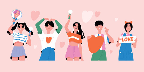 Fans with placards set. Group of young people at K pop music concert show signs of love and heart with hand gestures and holding cheering sticks. Cartoon flat vector isolated on pink background