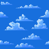 Fototapeta Fototapeta z niebem - Bezszwowy wzorek ze stylizowanymi, komiksowymi chmurami na niebieskim tle