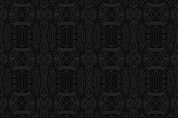 Wall Mural - Embossed black background, cover design. Geometric ethnic 3D pattern, press paper, leather. Boho, handmade, antistress. Minimalist exotic designs of East, Asia, India, Mexico, Aztec, Peru.