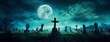 Halloween night background with cemetery and full moon, generative ai.