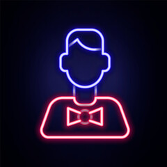 Poster - Glowing neon line Casino dealer icon isolated on brick wall background. Casino croupier. Colorful outline concept. Vector