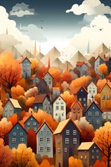 Wall Mural - Autumn city, generative ai illustration of fall nature in urban environment.