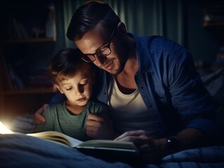 Dad reading to son bedtime story, generative ai.