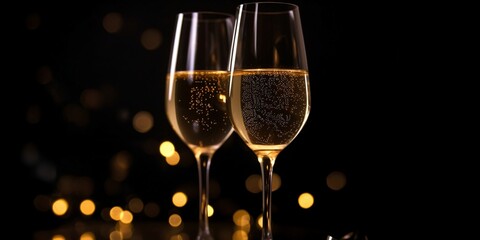 Champagne glasses on glittering background, generative ai image of celebration toast with sparkling wine.