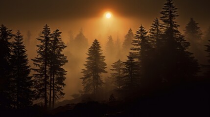 Wall Mural - the sun's rays break through the misty pine forest. calm autumn natural background.