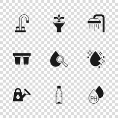 Poster - Set Bottle of water, Water drop, Drop and magnifying glass, Shower, tap, Fountain and filter cartridge icon. Vector