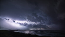 Severe Thunderstorm And Rain With Many Lightning Peals And Dense Clouds, On The Black Sea Coast In Georgia
