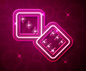 Glowing neon line Game dice icon isolated on red background. Casino gambling. Vector