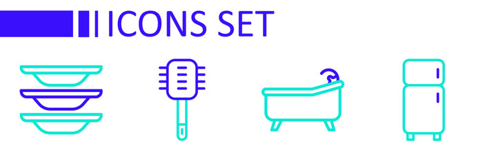 Sticker - Set line Refrigerator, Bathtub, Toilet brush and Washing dishes icon. Vector