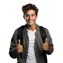 Etudiant Heureux Avec Le Sourire Et Les Pouces Levés Sur Fond Transparent PNG Avec Couche Alpha - Happy Student Smiling With Thumbs Up Isolated.