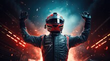 Formula One Racing Team Driver Cheering, Celebrating Victory On Sports Track. 