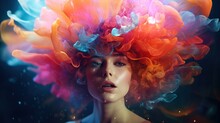 Stylish Fashion Woman With A Large Decorative Luminous Flower On Her Head. Close-up Of The Face. Digital Art In Futuristic Style. Illustration For Cover, Card, Postcard, Interior Design, Decor, Print.