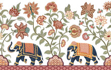Walking Indian Elephants Floral Seamless Border. Chintz Wallpaper.