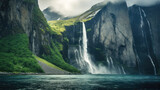 Fototapeta Natura - Huge Norwegian cliffs with a beautiful waterfall. Generative AI