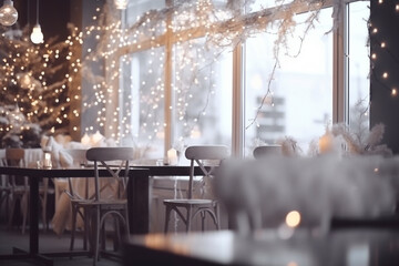 Winter cafe interior with Christmas tree. Generative AI