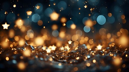 Wall Mural - christmas golden light shine particles bokeh on navy blue background. holiday concept. abstract back