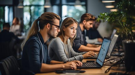 Happy group of software developers working an students as a team in office. Group of young business people working and communicating together in modern office.
