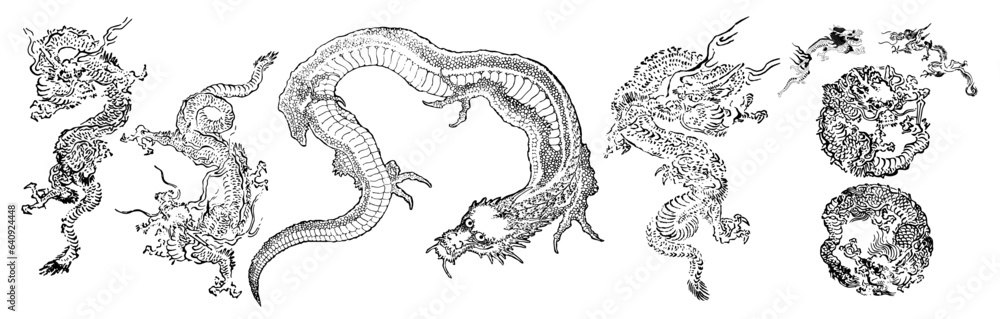 2024年 年賀状 辰 辰年 龍 ドラゴン dragon 墨絵 飛龍 天井画 の Stock