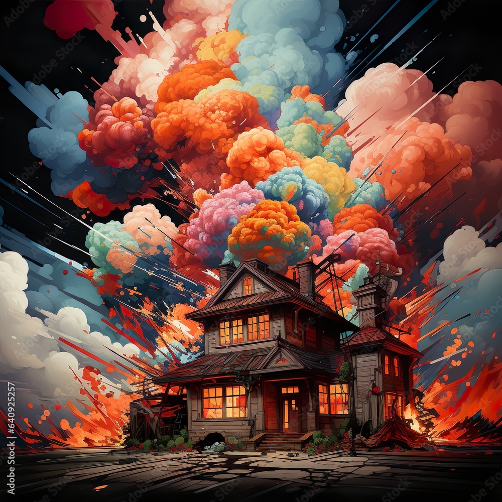 exploded house and smoke and fire risie up to sky | Generative AI Stock ...