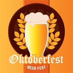 Wall Mural - Beer glass with foam and beer barrel Oktoberfest beer festival Vector