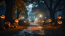 Scary Pumpkin Lanterns And Lone Man In Haunted Park On Halloween Night