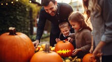 Photo Of A Man And Two Children Admiring Pumpkins In A Pumpkin Patch
