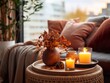 Cozy autumn interior decor arrangement, warm fall home decoration composition, dried flowers in vase