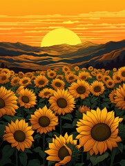 Wall Mural - An Illustration of a Sunflower Field with Grainy Color Fades from Dawn to Dusk