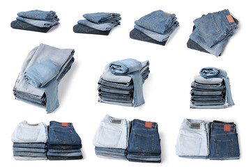 Wall Mural - Set with folded different jeans on white background