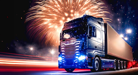 Wall Mural - truck at night with fireworks in the background . new year wishes with fireworks and space for text 