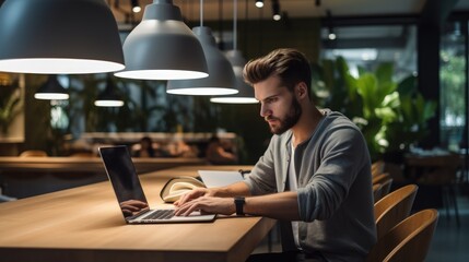 Young male digital designer working on a project in a coworking space. Generative AI