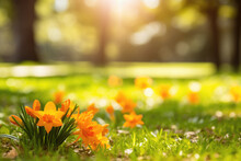 A Group Of Orange Daffodils In A Grassy Field. The Daffodils Are In The Foreground And Are In Focus, While The Background Consists Of A Blurred Grassy Field With Trees And Sunlight Shining Through