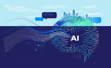 Wall Mural - iceberg ai brain at ocean, (artificial intelligence), deep learning machine learning ai, technologic