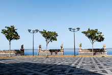 View From Castelmola, Sicily On Mediterranean Sea. Plaza Or Square With Geometric Sidewalk