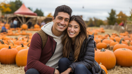 young couple at a pumpkin patch
