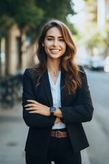 Young happy pretty smiling professional business woman, happy confident positive female entrepreneur standing outdoor on street arms crossed, looking at camera