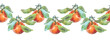 Seamless rim watercolor citrus fruit orange tangerine with peel and with green leaves on white background. Hand-drawn christmas food for winter decor card or wallpaper. Border for menu or wrapping