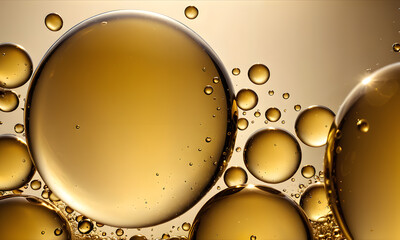 Oil bubbles background bubbling drops of gold liquid. AI generative