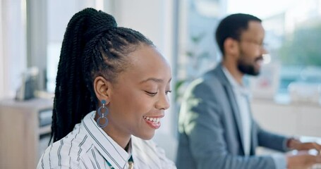 Poster - Happy black woman, business and working on computer in office for planning online report, email and internet research. Face of african worker at desktop pc for information update in coworking company