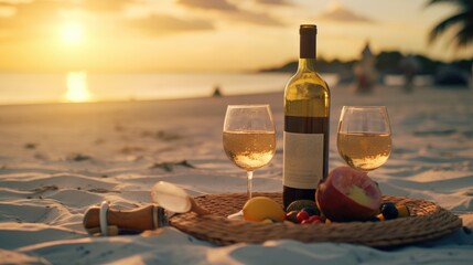 Bottle of wine with glasses in the white sand beach of the Maldives. Outdoor picnic. Generative AI